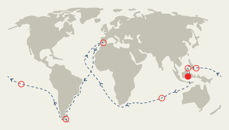 Carte du monde indiquant l'itinéraire de Magellan et les principaux événements